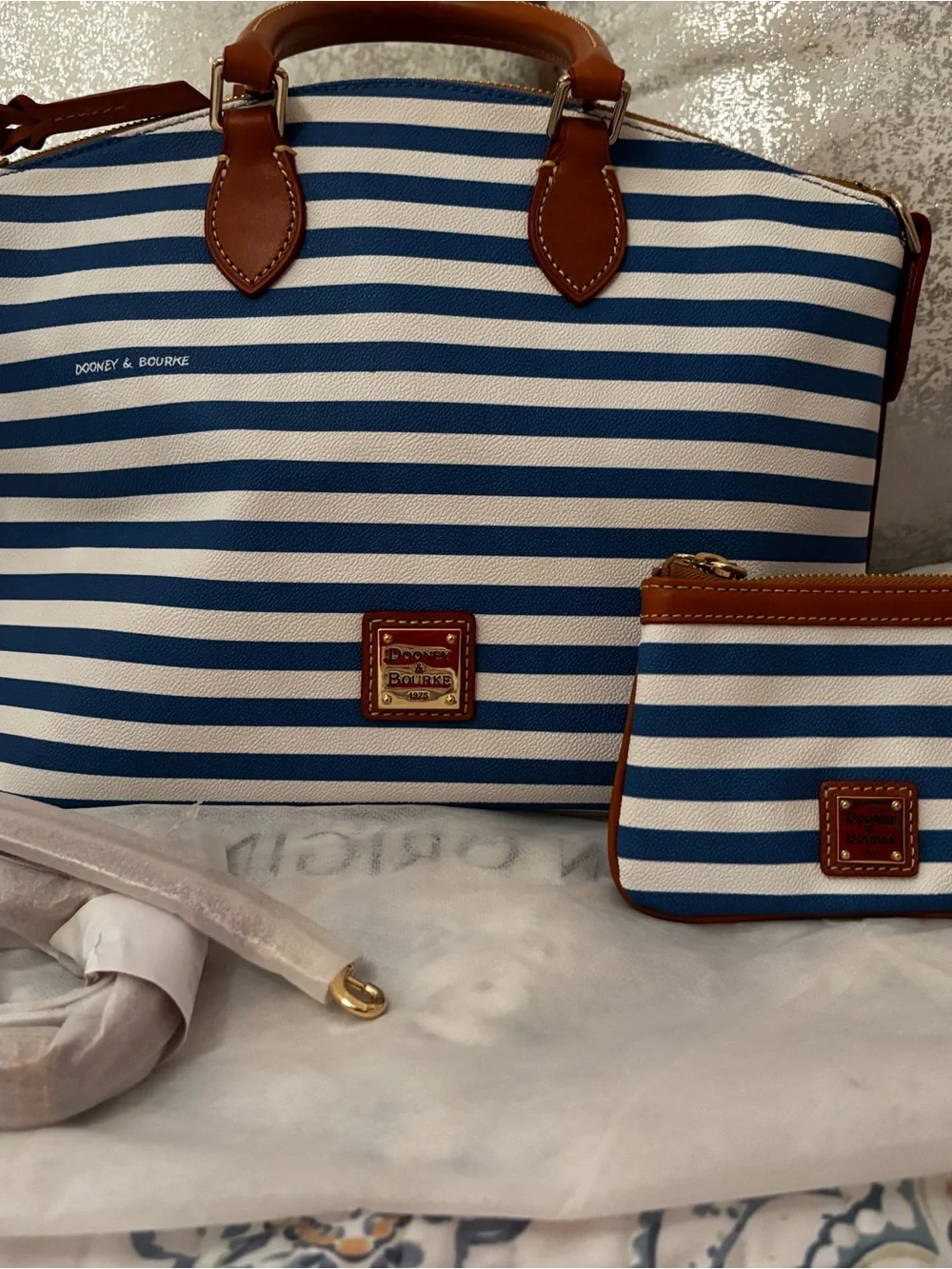 Dooney & Bourke Blue and White Striped Tote with Brown Leather Trim